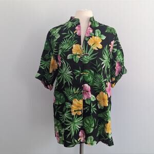 Vintage Women's Ralph Lauren  Linen Hawaiian Black Hibiscus Button Down Medium
